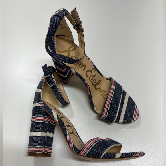 Sam Edelman Yaro Block Heels in Susie Stripe denim Red White and Blue NEW Size 5 - Picture 1 of 11